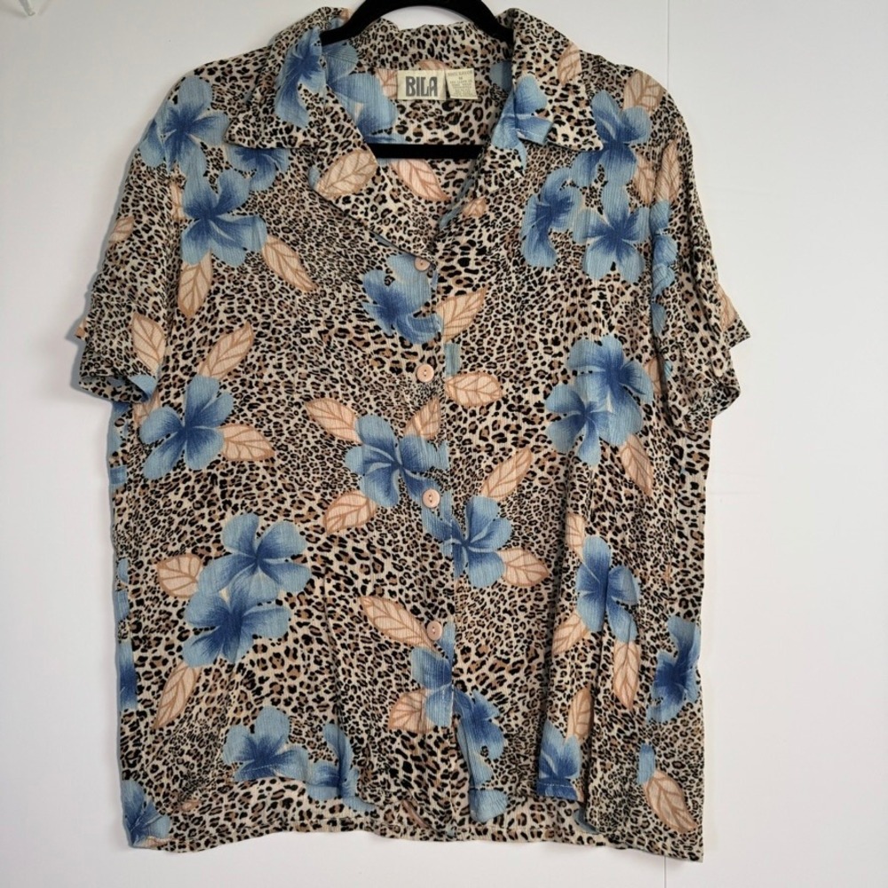 Bila Womens Med Leopard Floral Rayon Button Up Shirt Blue Tropical Animal Print